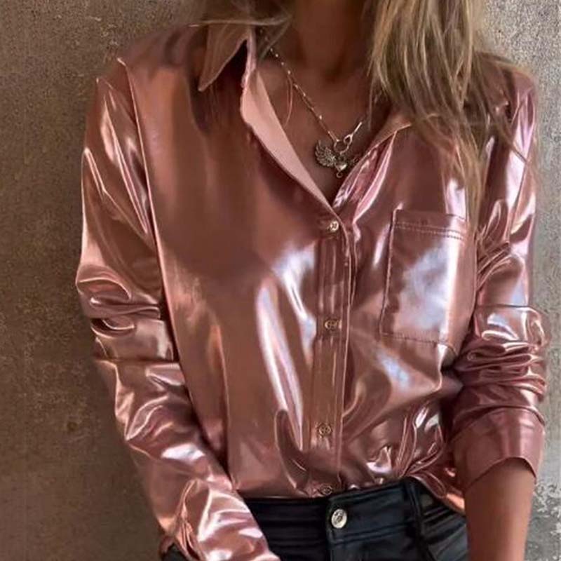 🍂Fall Specials 50% OFF🍂Women's Shimmer Metallic Leather Button-Up Shirt