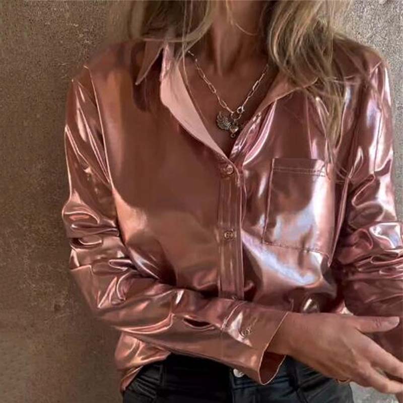 🍂Fall Specials 50% OFF🍂Women's Shimmer Metallic Leather Button-Up Shirt