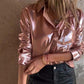 🍂Ofertas especiales de otoño 50 % de descuento🍂Camisa de cuero metalizado brillante con botones para mujer