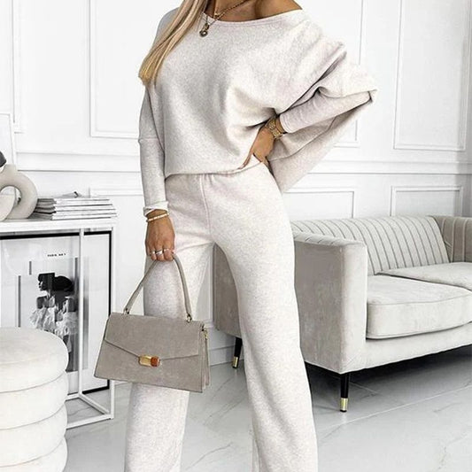 💕Women's Solid Color Drop Shoulder Pullover and Loose Pants Set