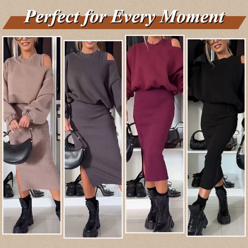 🔥Limited Time 50% OFF🔥Women's Slanted Shoulder Sweatshirt & Sleeveless Dress Set