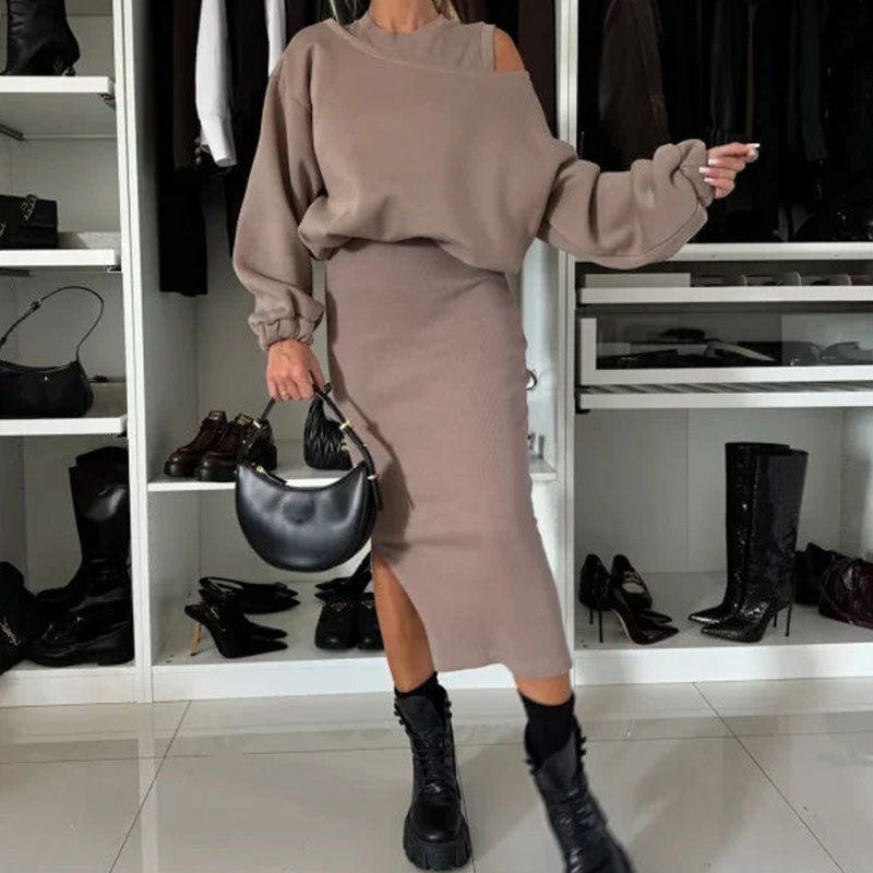 🔥Limited Time 50% OFF🔥Women's Slanted Shoulder Sweatshirt & Sleeveless Dress Set