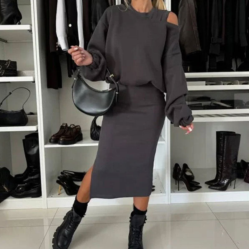 🔥Limited Time 50% OFF🔥Women's Slanted Shoulder Sweatshirt & Sleeveless Dress Set