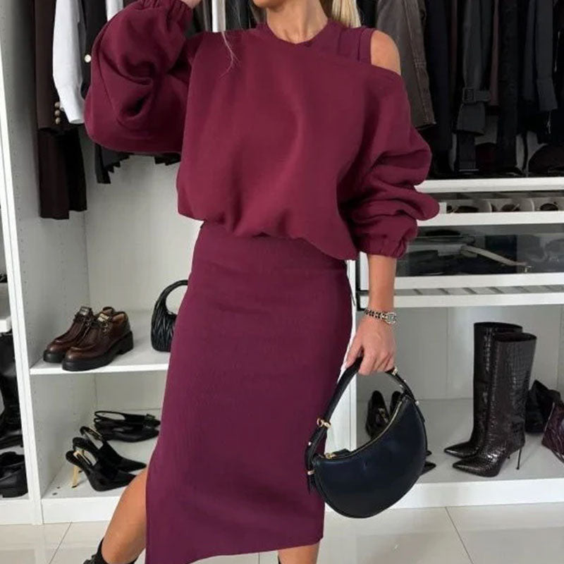 🔥Limited Time 50% OFF🔥Women's Slanted Shoulder Sweatshirt & Sleeveless Dress Set