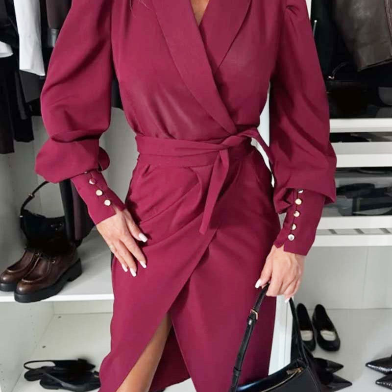 🔥🖤Black Friday Sale:50% OFF🔥Women's Long-Sleeve V-Neck Tie Waist Split Dress