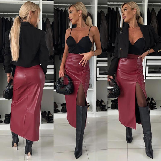 🔥Limited Time 50% OFF🔥Women's Elegant Sexy High-waist Thigh-slit Leather Skirt