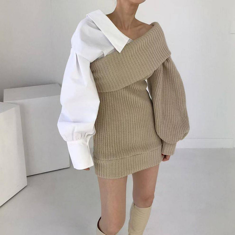 Women's Patchwork Knitted Two-Tone Sweater Dress