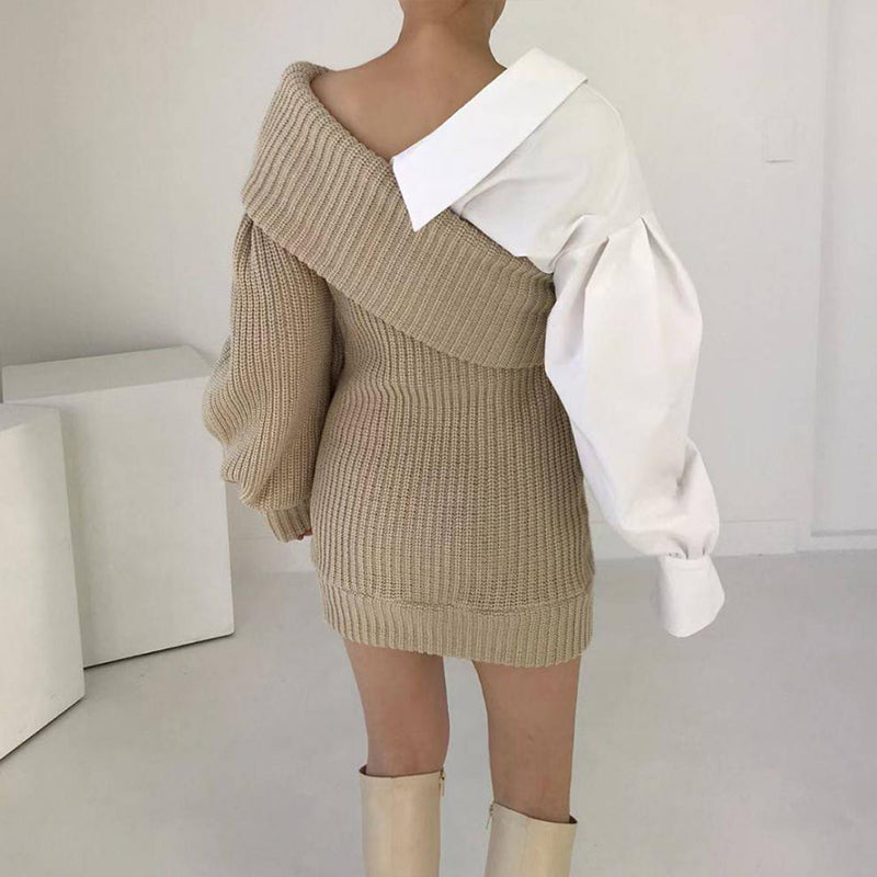 Women's Patchwork Knitted Two-Tone Sweater Dress