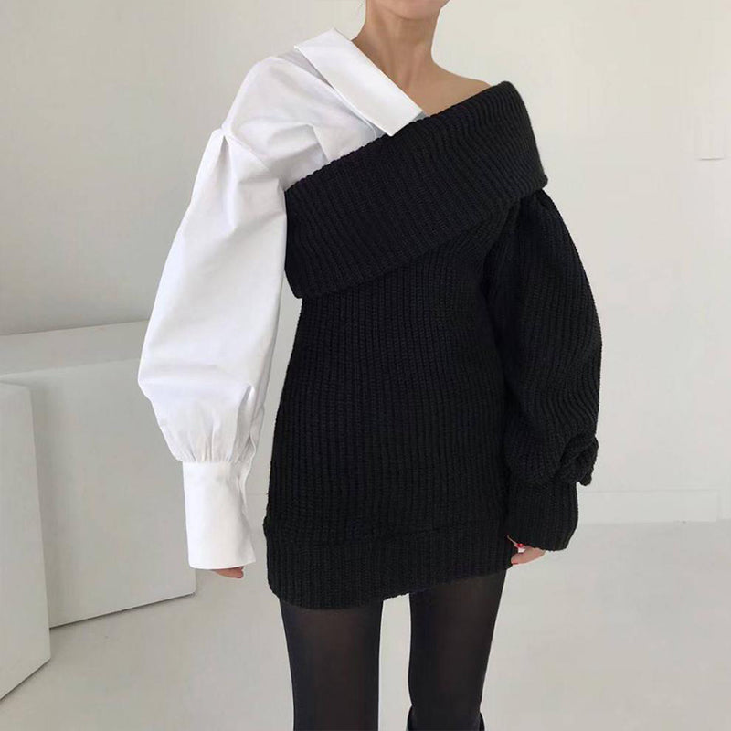 Women's Patchwork Knitted Two-Tone Sweater Dress