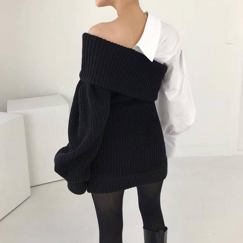 Women's Patchwork Knitted Two-Tone Sweater Dress