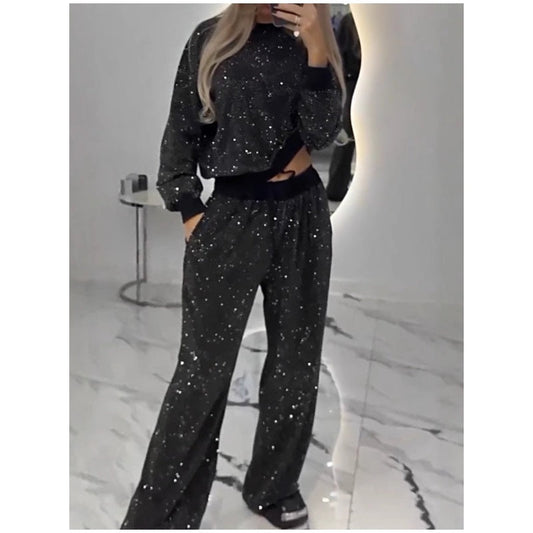 🔥🖤Early Black Friday Sale:50% OFF🔥Sequined Loose Fit Top and Wide Leg Pants Two-Piece Set