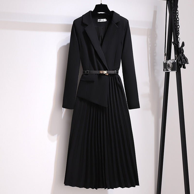 🔥🖤Black Friday Sale:50% OFF🔥Asymmetrical Patchwork Pleated Blazer Dress with Belt