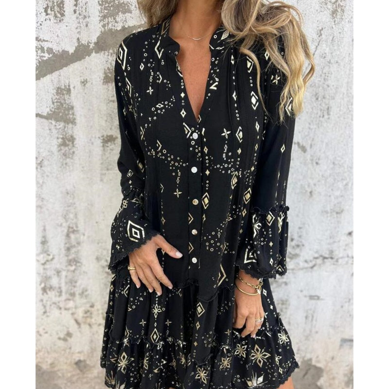 🔥🖤Black Friday Sale:50% OFF🔥Women's Geometric Print Comfortable V-Neck Midi-Dress