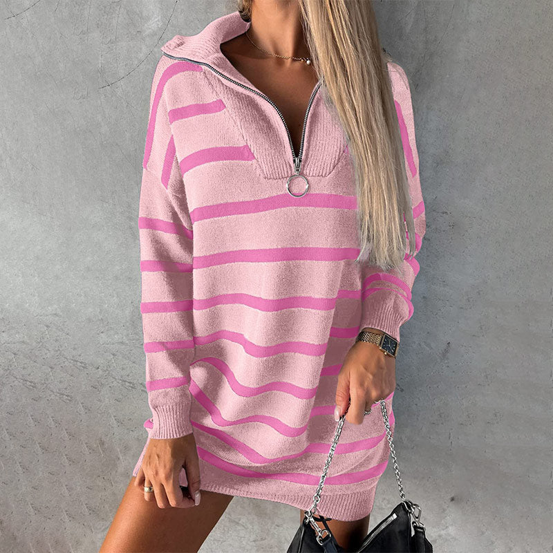 🔥🖤Black Friday Sale:50% OFF🔥Women's Half-Zip Long Sleeve Striped Knitted Dress