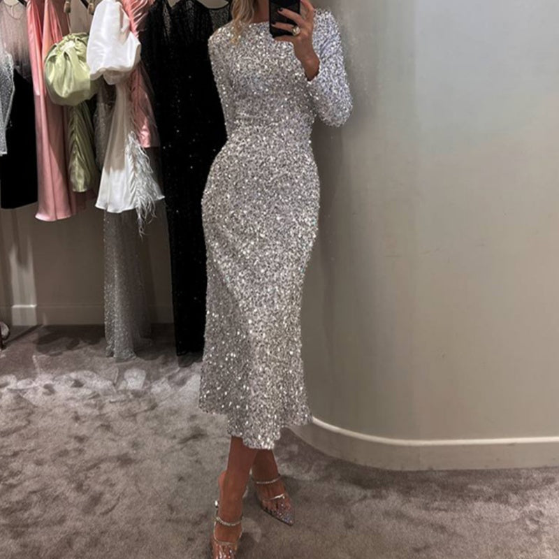 🎅Xmas Sales - 50% OFF🎄Women's Sparkly Round-Neck Bodycon Long Dress