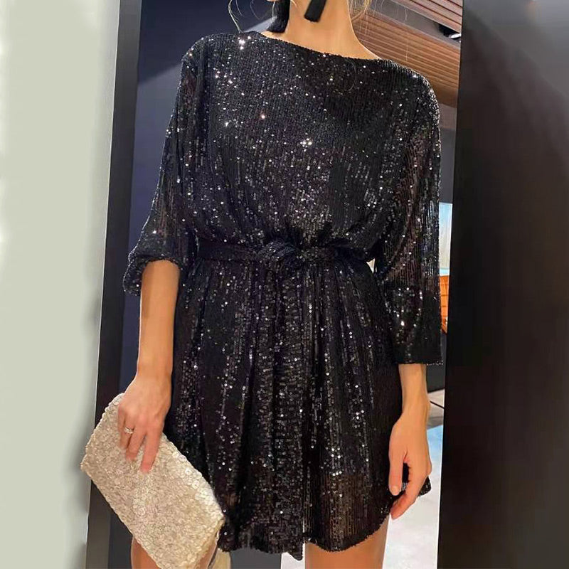 Sequin Tie Waist Mini Dress