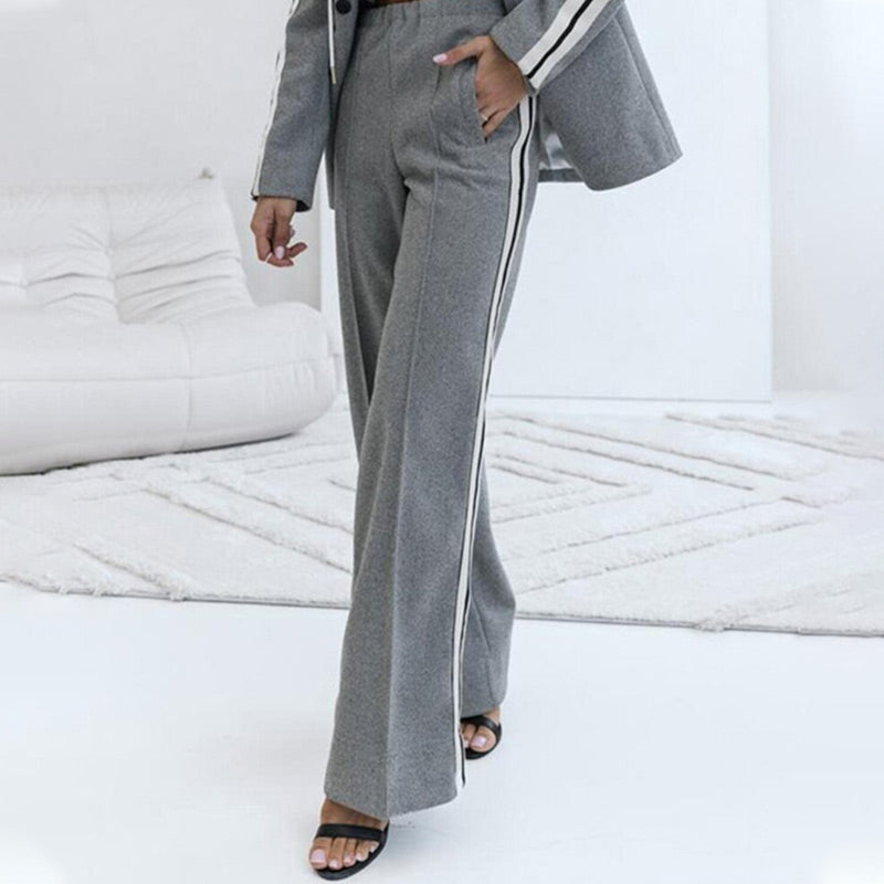 Women’s Casual Gray Blazer Top & Wide-Leg Pants 2-Piece Set