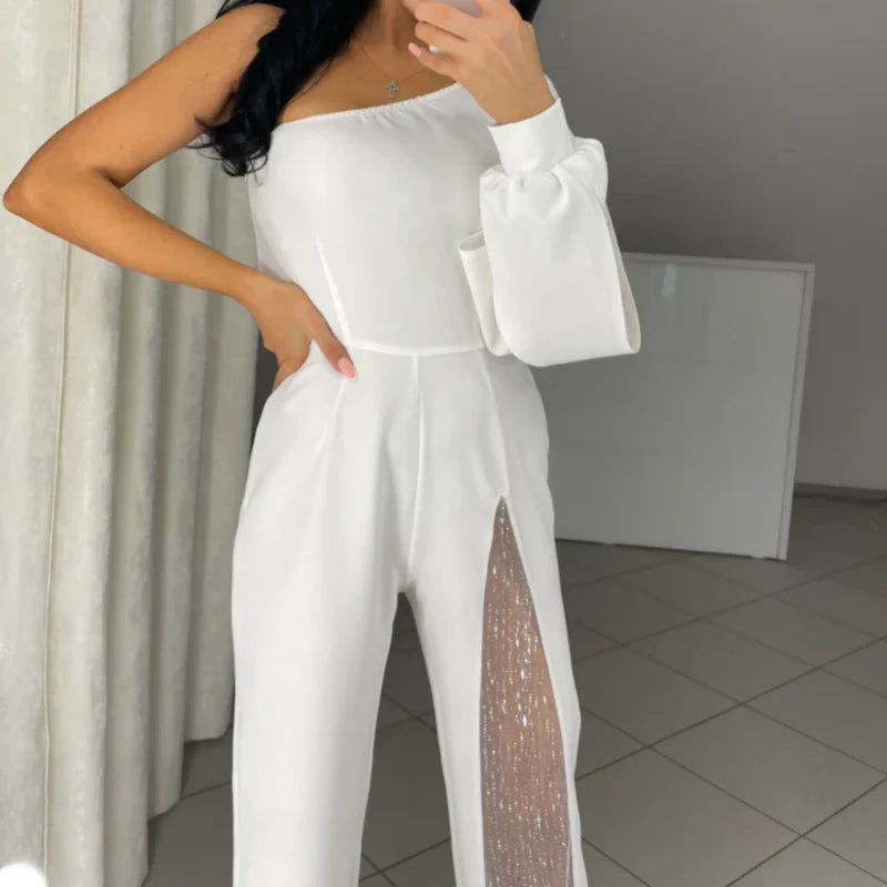 Women's One Shoulder Sparkly Mesh Flared Jumpsuits