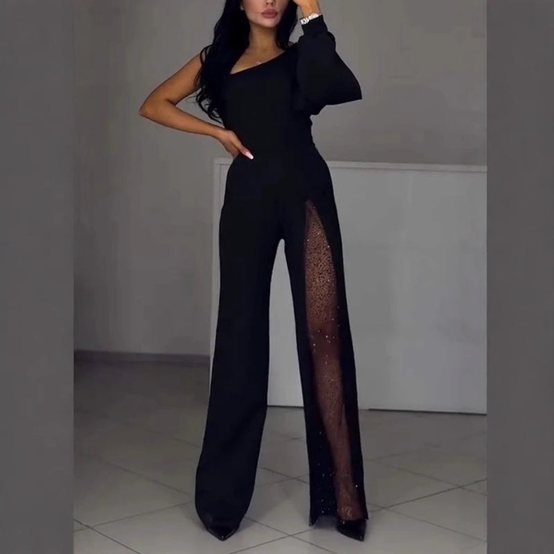 Women's One Shoulder Sparkly Mesh Flared Jumpsuits