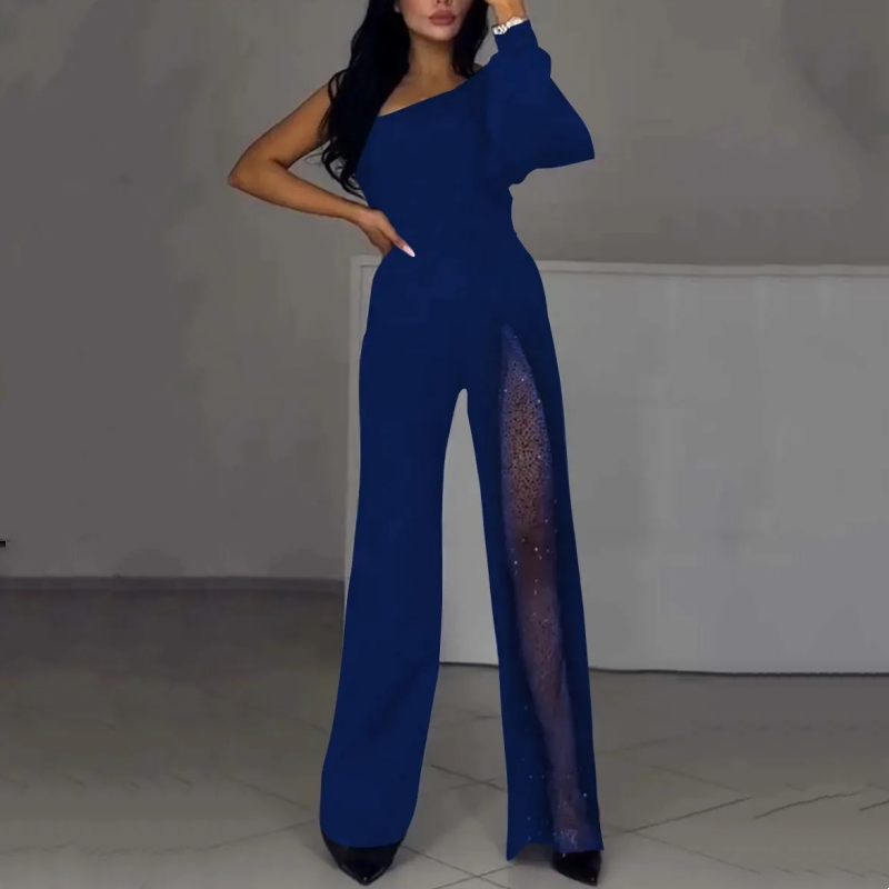 Women's One Shoulder Sparkly Mesh Flared Jumpsuits