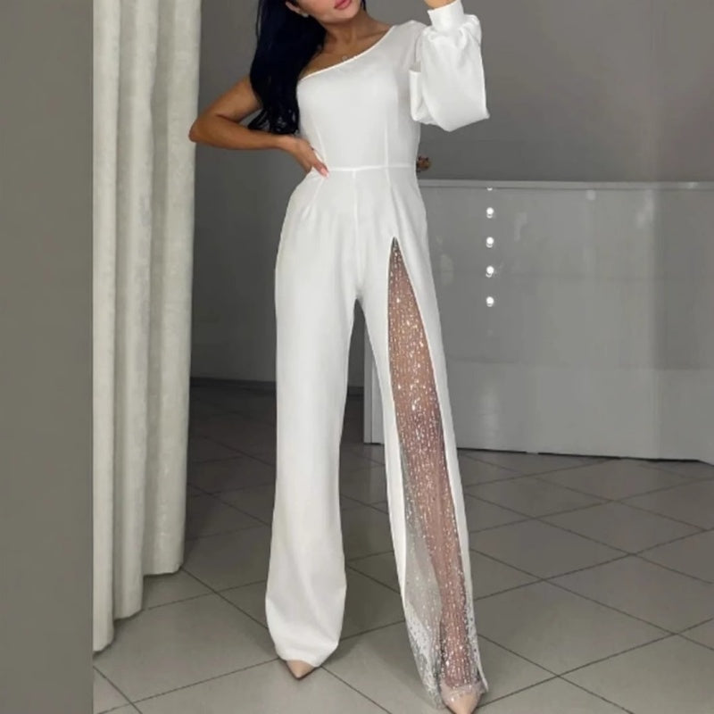 Women's One Shoulder Sparkly Mesh Flared Jumpsuits