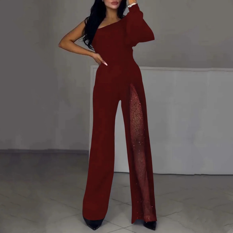 Women's One Shoulder Sparkly Mesh Flared Jumpsuits