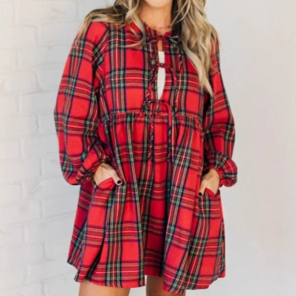 🎅Xmas Sales - 50% OFF🎄Women's Plaid Dress with Tie Bows Front