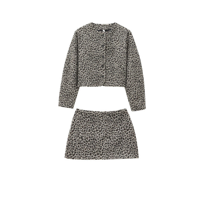 Warm Leopard-Print Button Jacket and A-Line Skirt Set