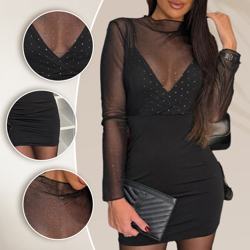 Sexy V-Neck Mesh Rhinestone Bodycon Dress