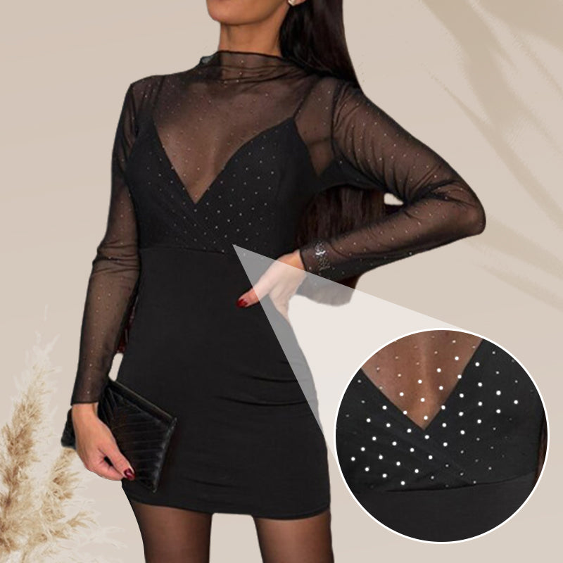 Sexy V-Neck Mesh Rhinestone Bodycon Dress