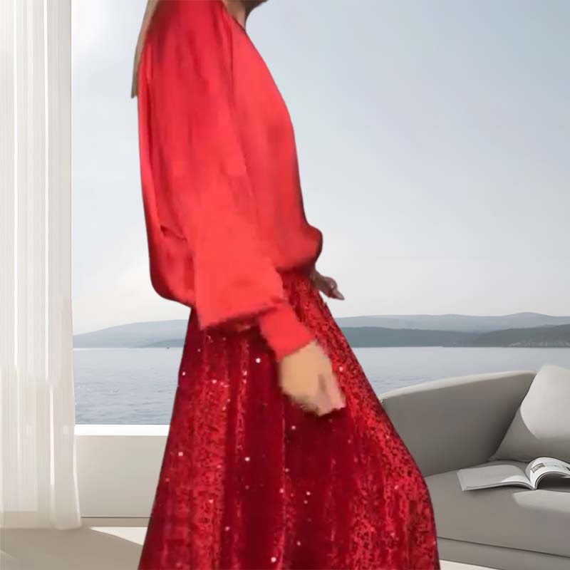 🎅Xmas Sales - 52% OFF🎄Women's Long Sleeve Top & Sequin Maxi Skirt Two-Piece Set