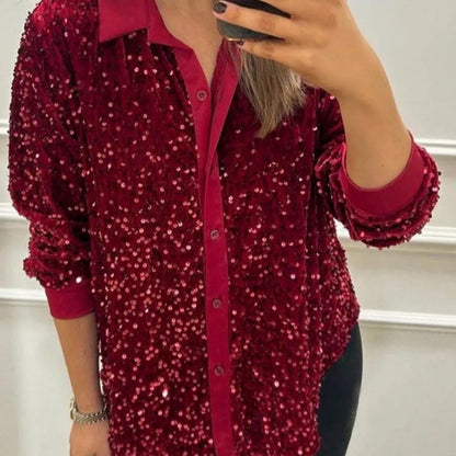 🎅Xmas Sales - 50% OFF🎄Women's Lapel Button-Down Sparkly Party Shirt