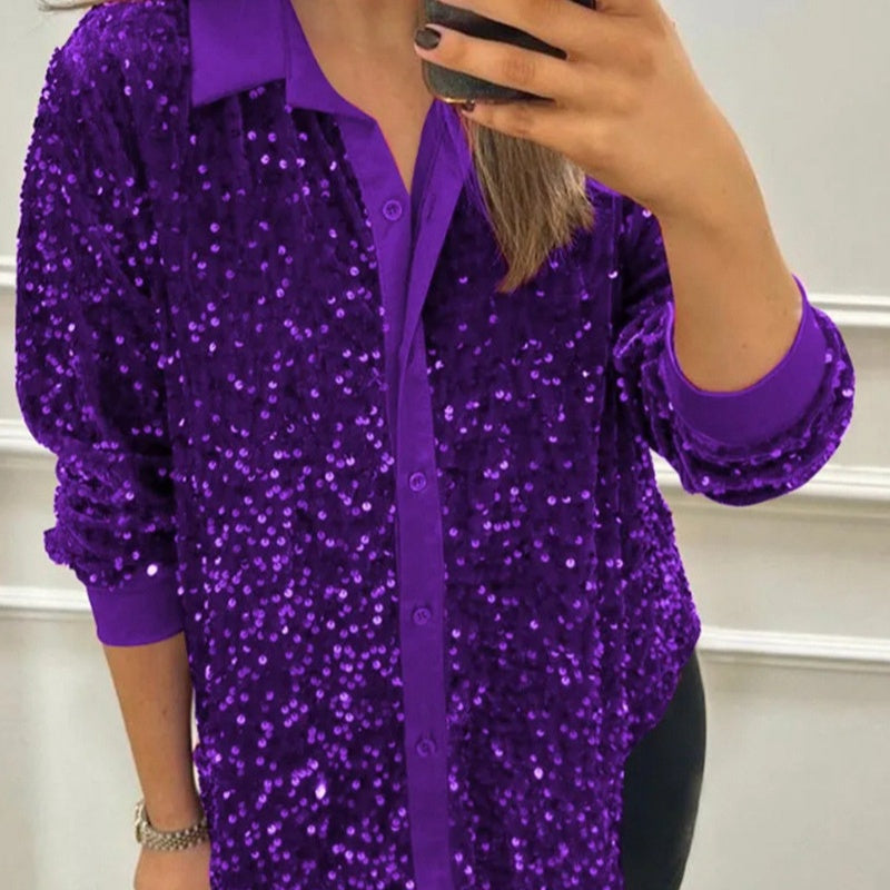 🎅Xmas Sales - 50% OFF🎄Women's Lapel Button-Down Sparkly Party Shirt