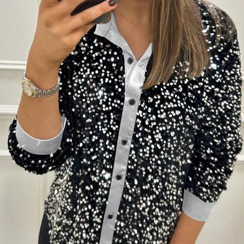 🎅Xmas Sales - 50% OFF🎄Women's Lapel Button-Down Sparkly Party Shirt