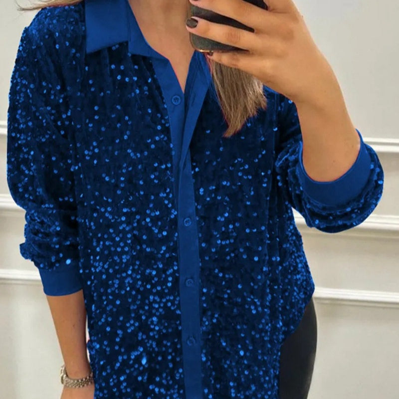 🎅Xmas Sales - 50% OFF🎄Women's Lapel Button-Down Sparkly Party Shirt