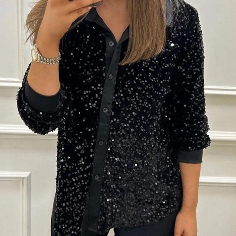 🎅Xmas Sales - 50% OFF🎄Women's Lapel Button-Down Sparkly Party Shirt