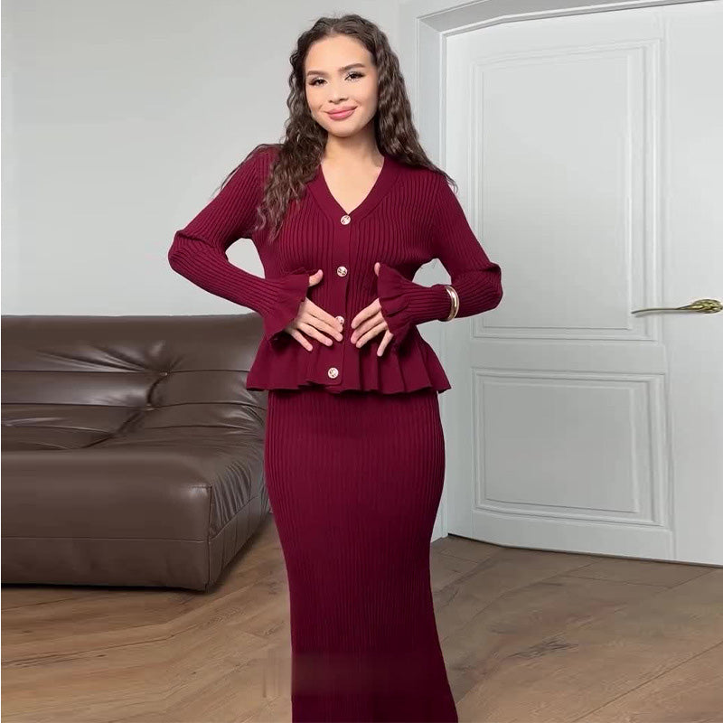 🎅Xmas Sales - 50% OFF🎄Women's Ruffle Button Top & Bodycon Maxi Skirt Set