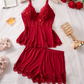 💜 LAST DAY PROMOTION - 50%OFF💜Womens Comfortable Wireless BraLace Trimmed V-Neck Camisole & Shorts Sleepwear Set
